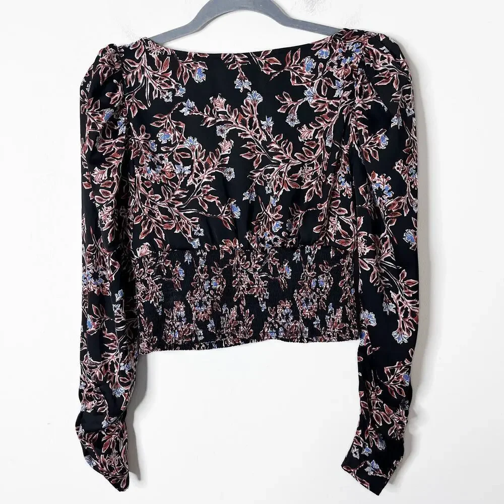 Free People Women's Santiago Top XS Black Floral Print Cropped Smocked OB1047028